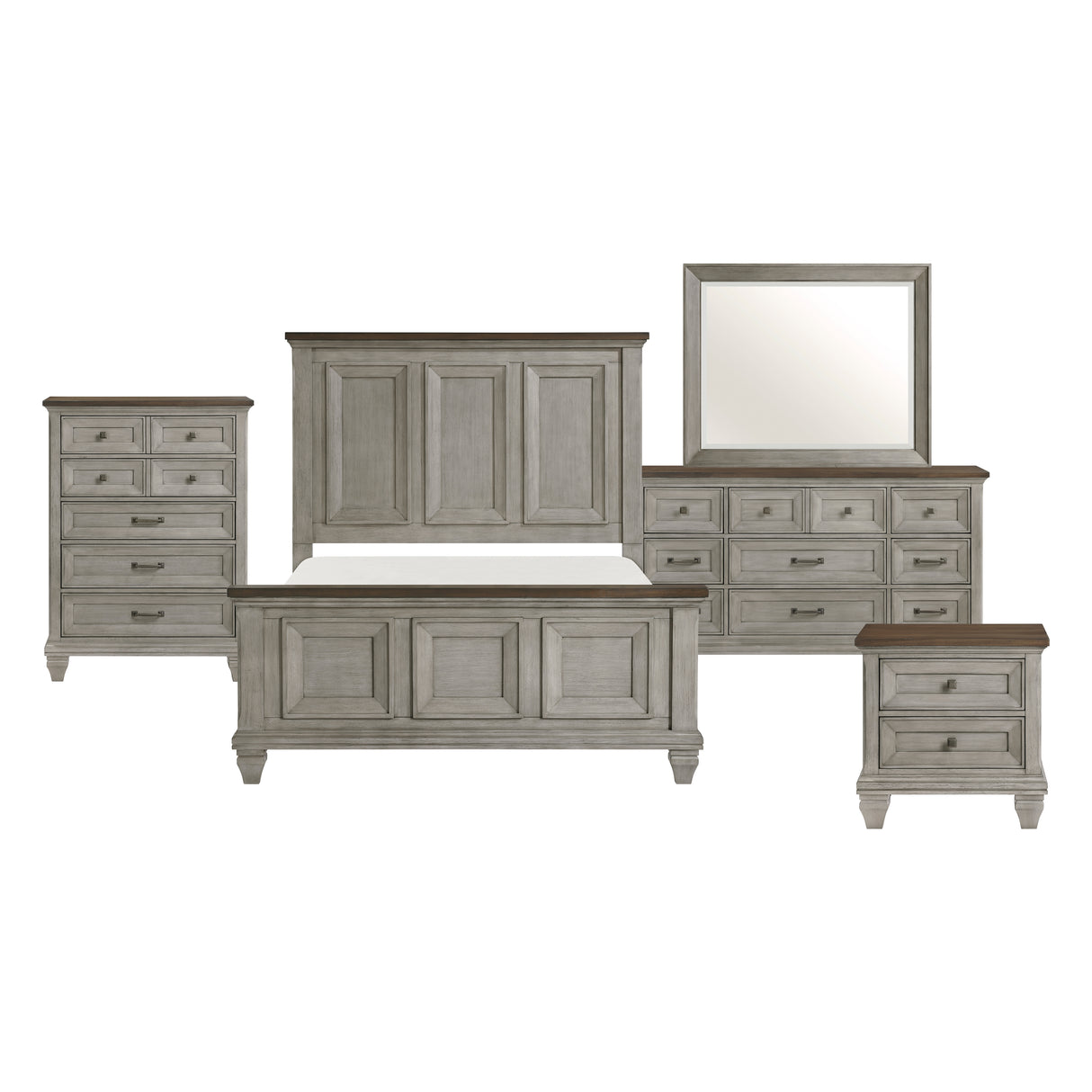 Renton Antique Gray/Brown Queen Bed, Dresser, Mirror, and Nightstand, Chest from Homelegance - Luna Furniture