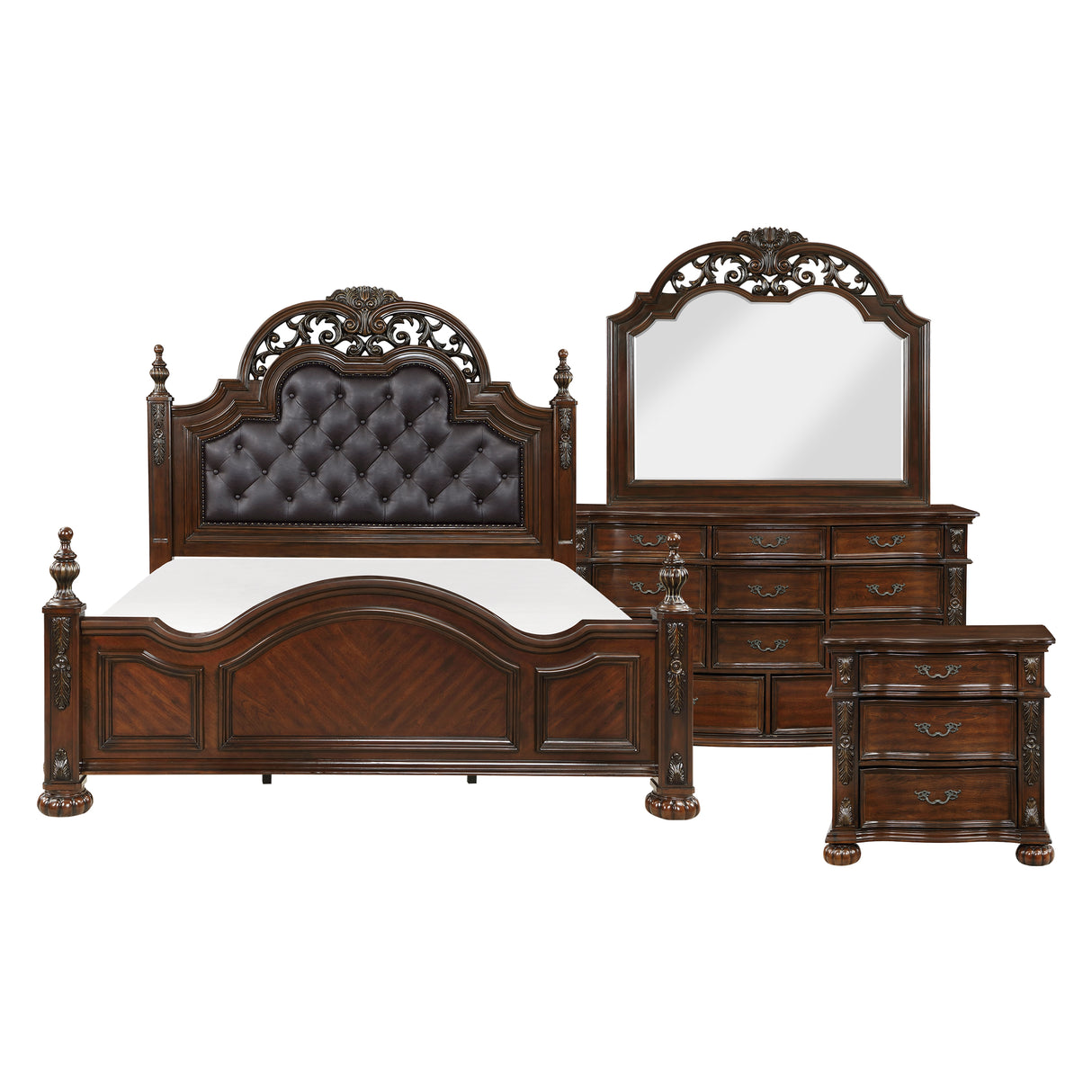 Adelina Cherry 5-Piece Poster Bedroom Set (Queen Bed, Nightstand, Dresser, Mirror, Chest) from Homelegance - Luna Furniture