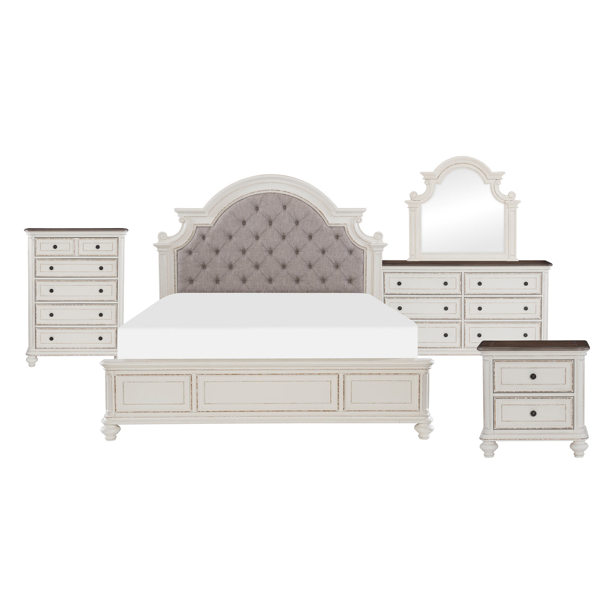 Baylesford Antique White 5-Piece Bedroom Set (Queen Bed, Nightstand, Dresser, Mirror, Chest) from Homelegance - Luna Furniture