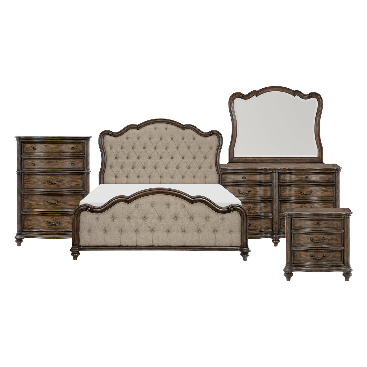 Heath Court Brown Oak 5-Piece Bedroom Set (Queen Bed, Nightstand, Dresser, Mirror, Chest) from Homelegance - Luna Furniture