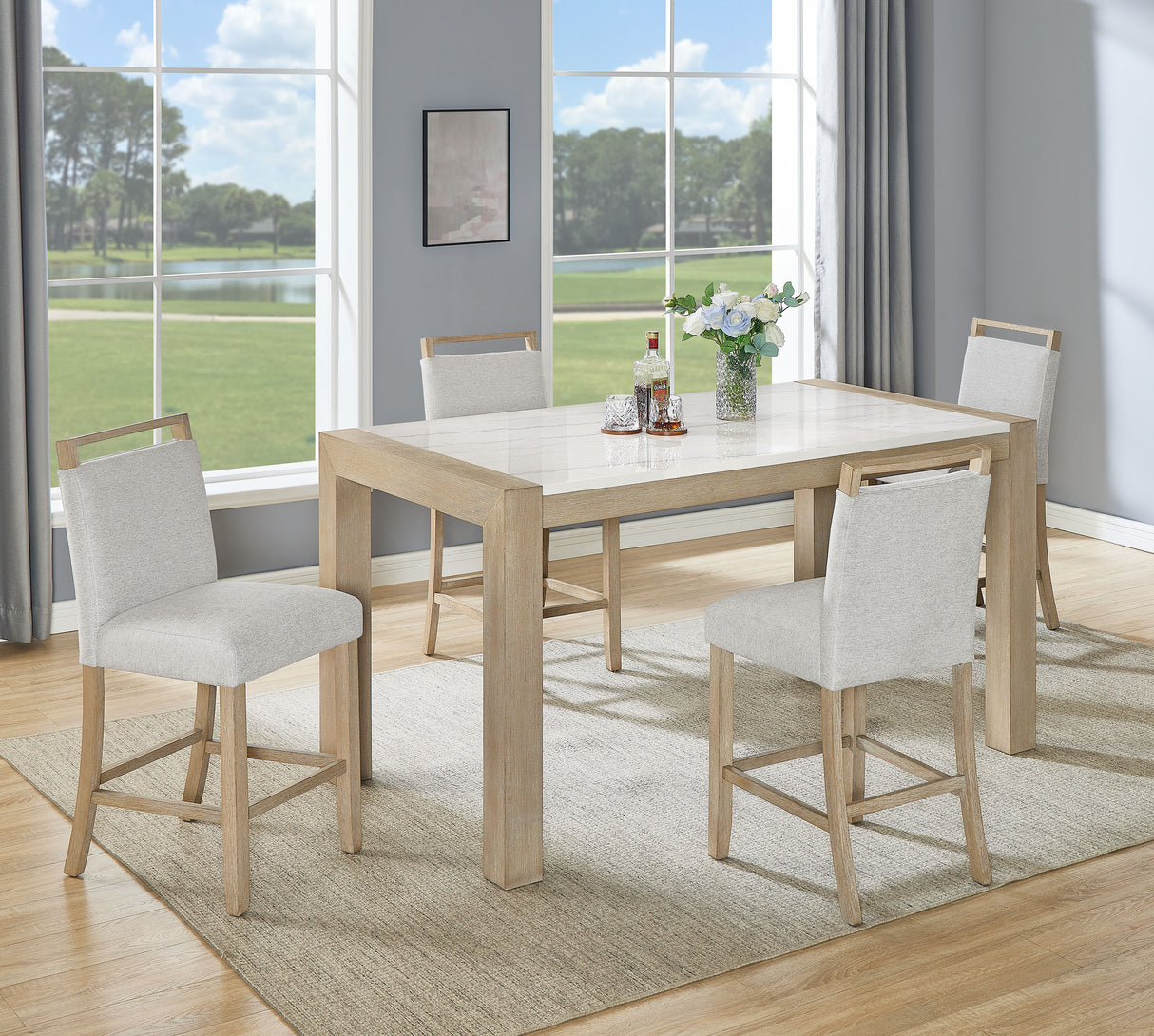Hazel Weathered Oak Genuine Marble Top Counter Height Table