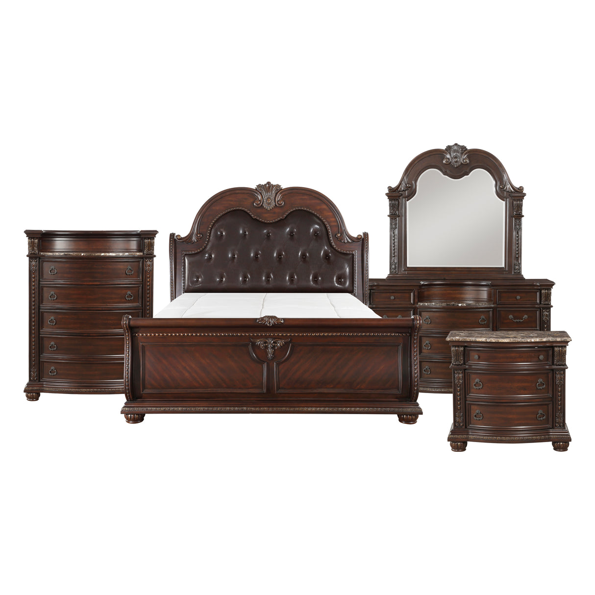 Cavalier Dark Cherry 5-Piece Bedroom Set (Queen Bed, Nightstand, Dresser, Mirror, Chest) from Homelegance - Luna Furniture