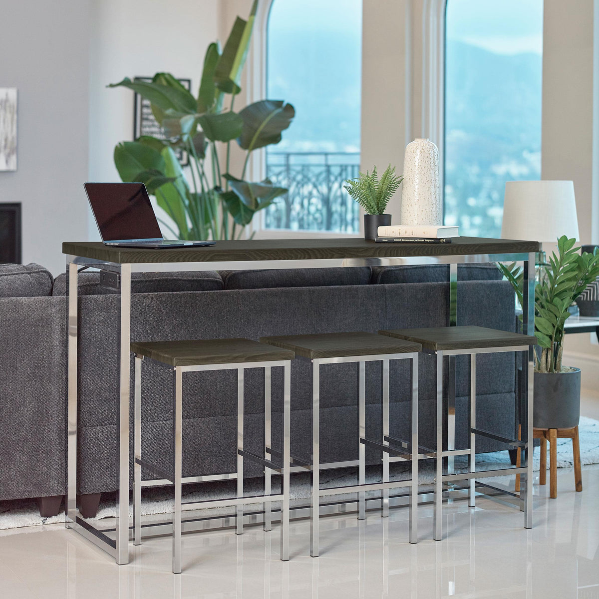 Cassidy Dark Oak and Chrome 4-Piece Rectangle Counter Height Set from Coaster - Luna Furniture
