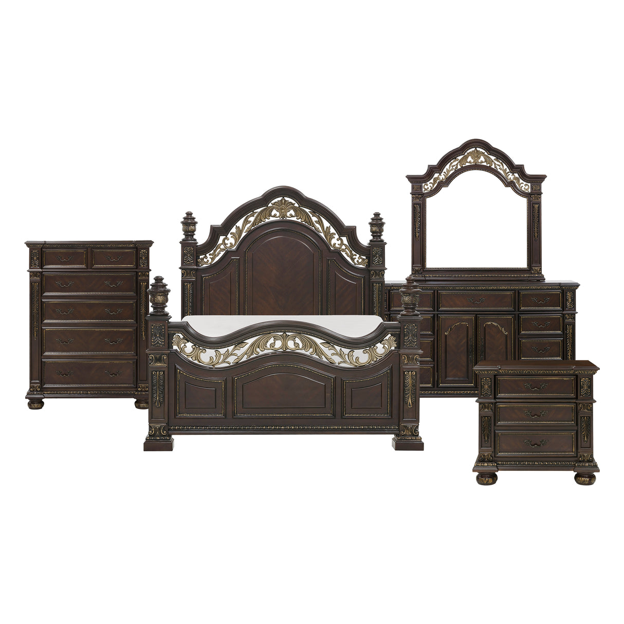 Catalonia Cherry 5-Piece Bedroom Set (Queen Bed, Nightstand, Dresser, Mirror, Chest) from Homelegance - Luna Furniture