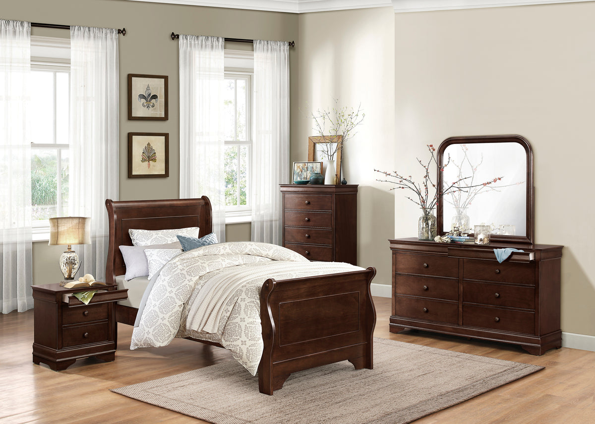 Abbeville Cherry 4-Piece Youth Bedroom Set (Twin Bed, Nightstand, Dresser, Mirror)