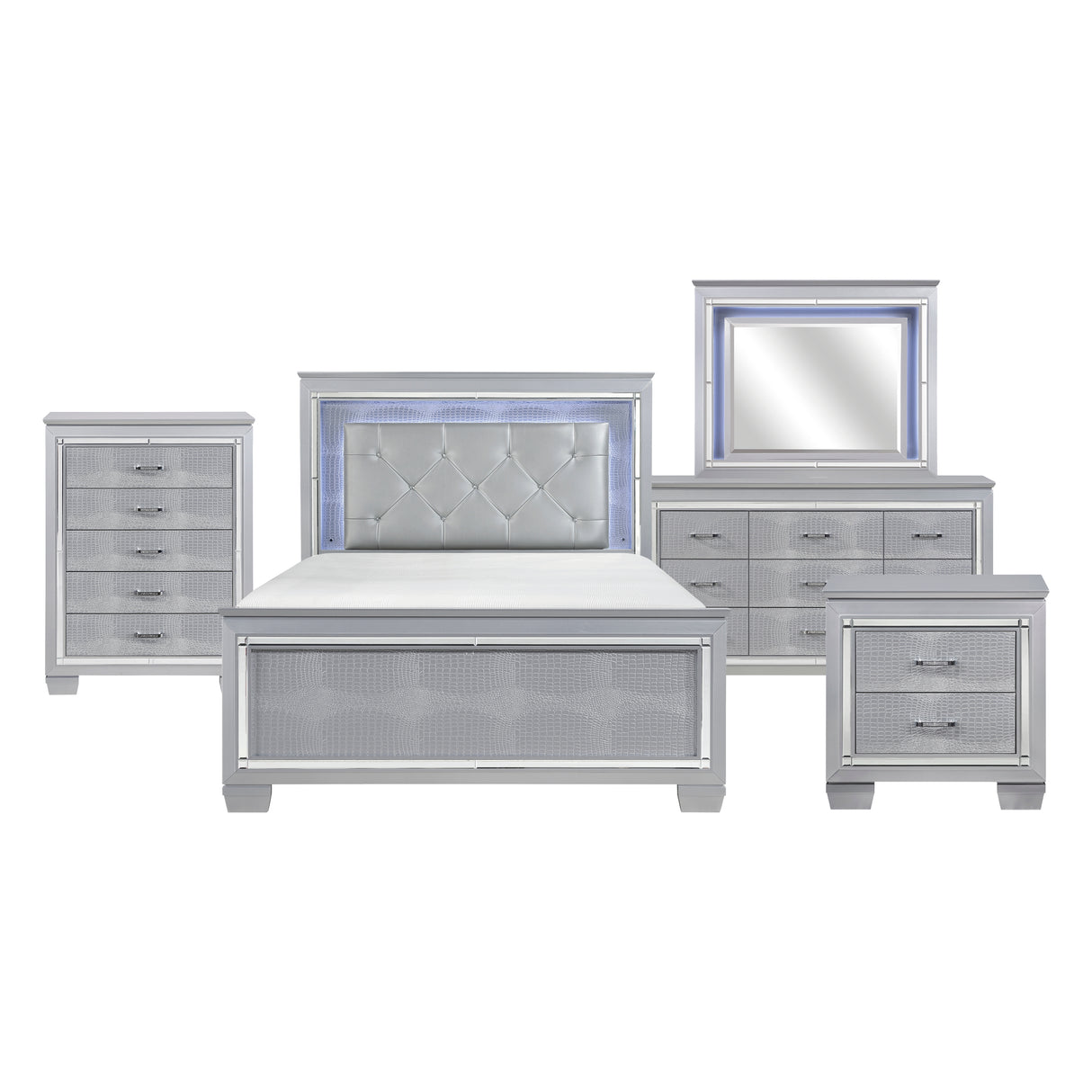 Allura Silver 5-Piece Bedroom Set (Queen Bed, Nightstand, Dresser, Mirror, Chest) from Homelegance - Luna Furniture
