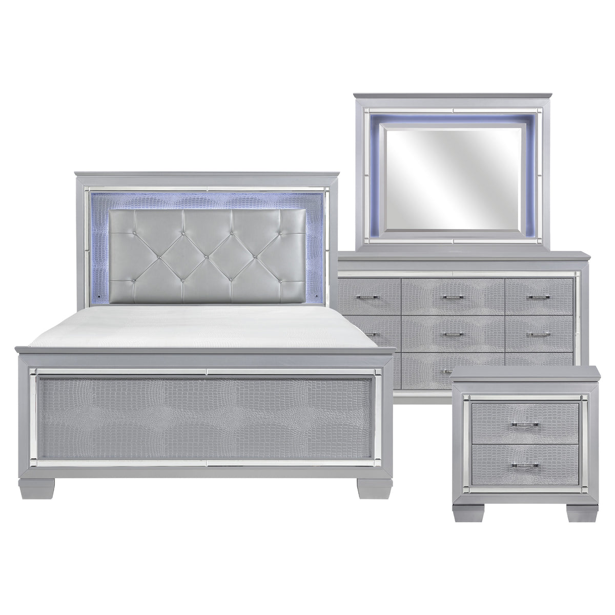 Allura Silver Queen Bed, LED Lighting