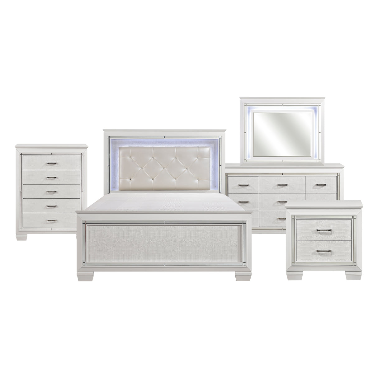 Allura White 5-Piece Bedroom Set (Queen Bed, Nightstand, Dresser, Mirror, Chest) from Homelegance - Luna Furniture