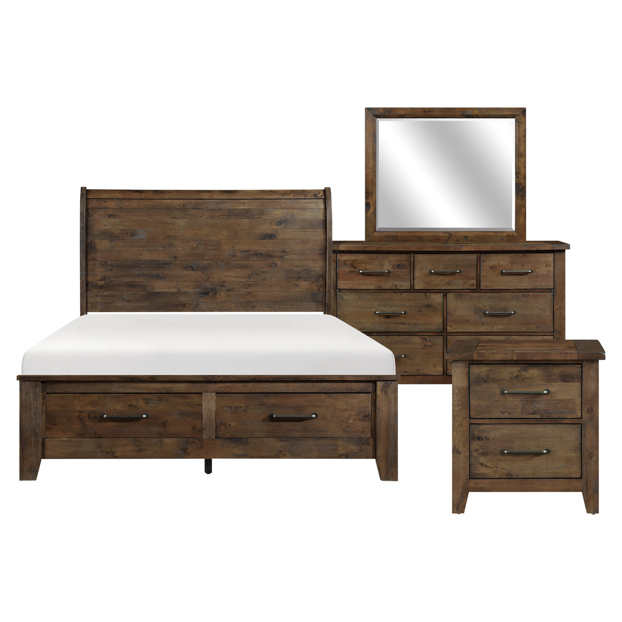 Jerrick Burnished Brown 5-Piece Queen Sleigh Storage Platform Bedroom Set (Queen Bed, Nightstand, Dresser, Mirror, Chest) from Homelegance - Luna Furniture