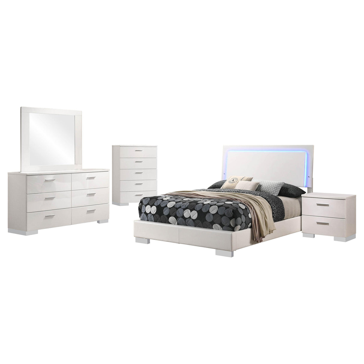 Felicity Glossy White 5-Piece Queen Bedroom Set with LED Headboard and Mirror from Coaster - Luna Furniture