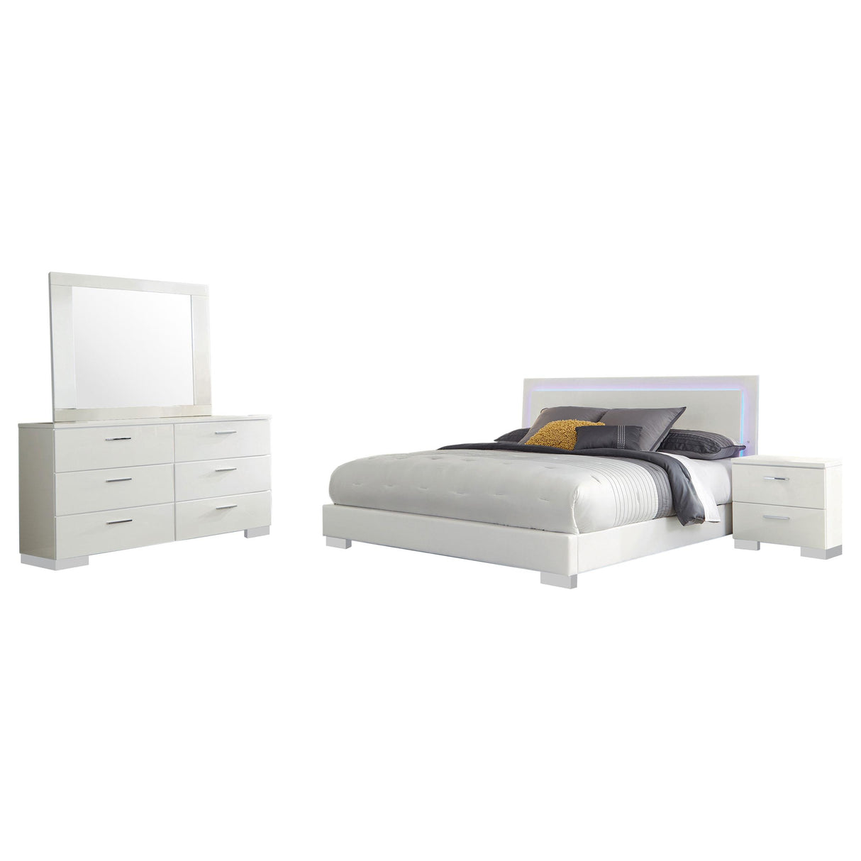 Felicity Glossy White 4-Piece Eastern King Bedroom Set with LED Light Headboard from Coaster - Luna Furniture