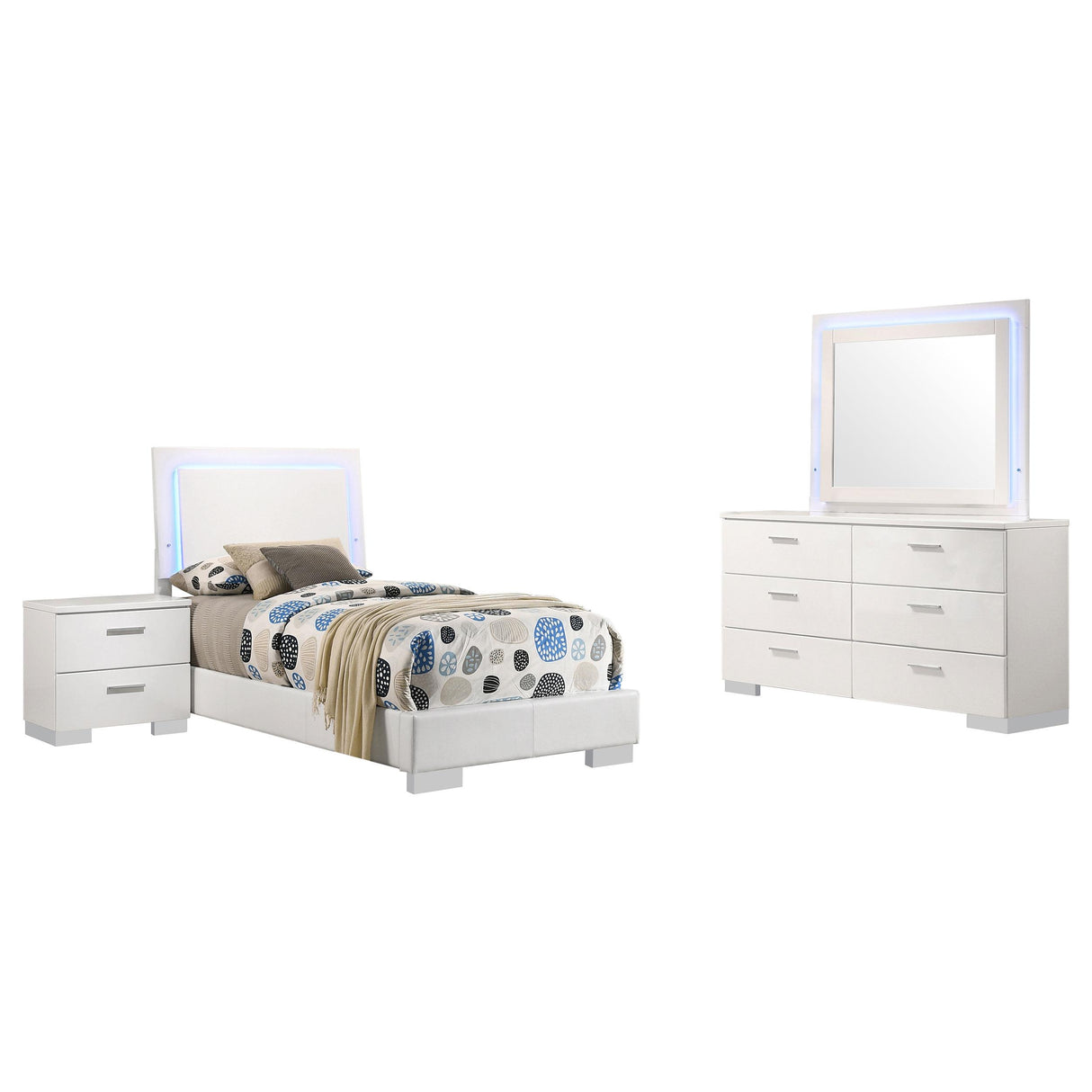 Felicity Glossy White 4-Piece Twin Bedroom Set with LED Lighting from Coaster - Luna Furniture