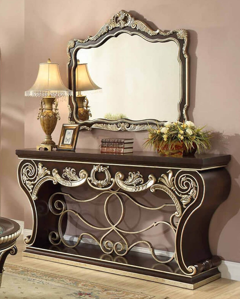 HD-213 Cherry Brown/Metallic Antique Gold Highlights Console Table from Homey Design - Luna Furniture