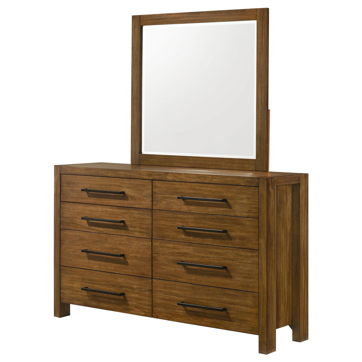 Adderley Warm Brown dresser and mirror, three-quarter view, wood grain and black pulls