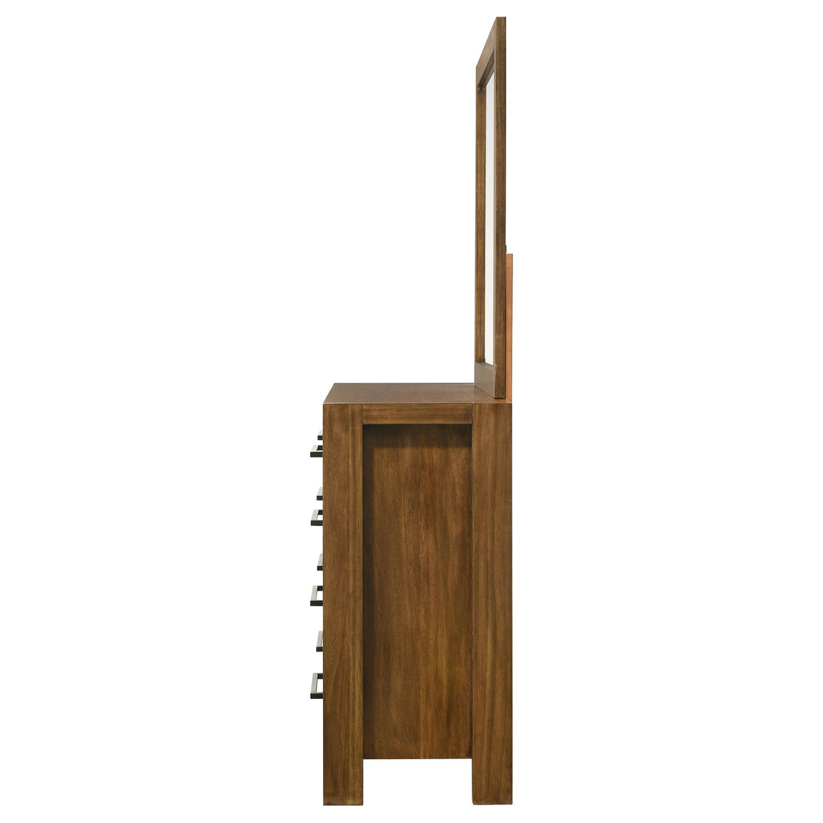 Adderley Warm Brown dresser and mirror, side view, thick frame and eight drawers