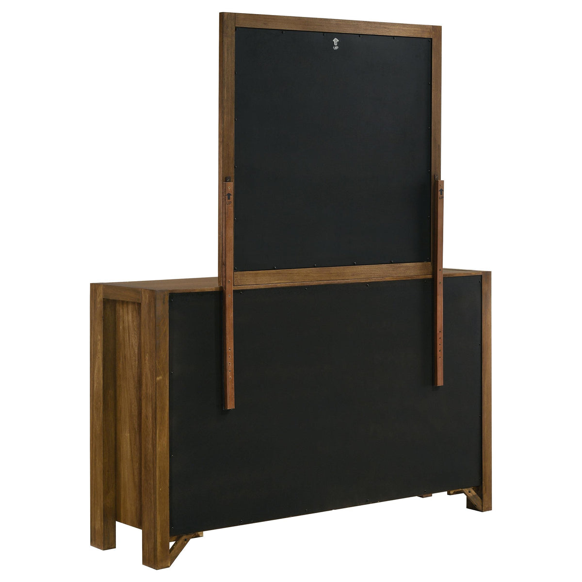 Adderley Warm Brown dresser and mirror, alternate front angle, eight drawers and black pulls