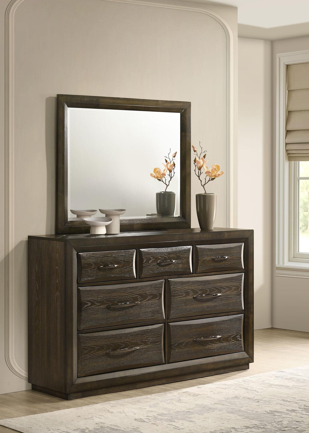 Atlas Dark Oak 7-drawer Bedroom Dresser and Mirror Set from Coaster - Luna Furniture