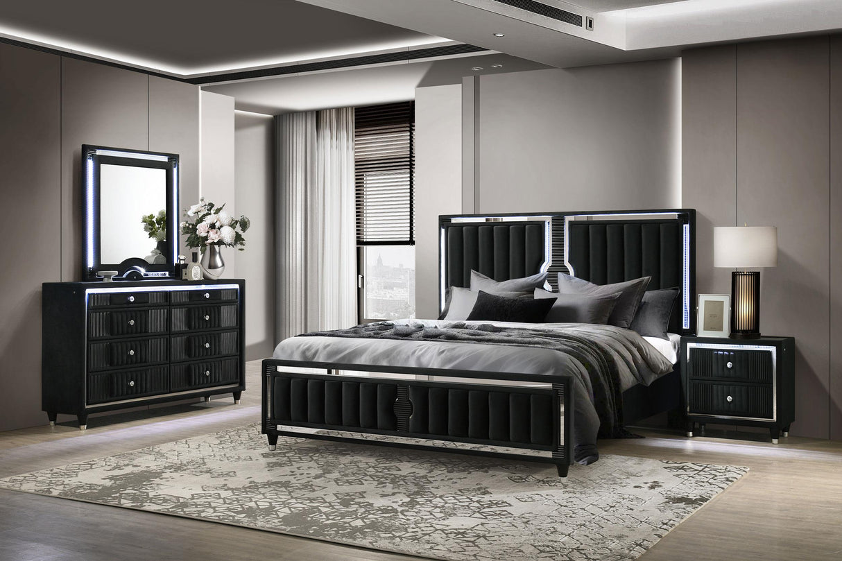 Ravenne Black 4-piece Velvet Upholstered Eastern King LED Bedroom Set from Coaster - Luna Furniture
