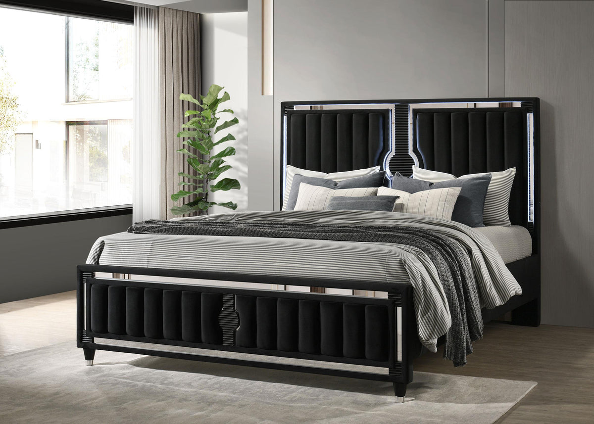 Ravenne Black California King LED Panel Bed, upholstered frame, styled bedroom view
