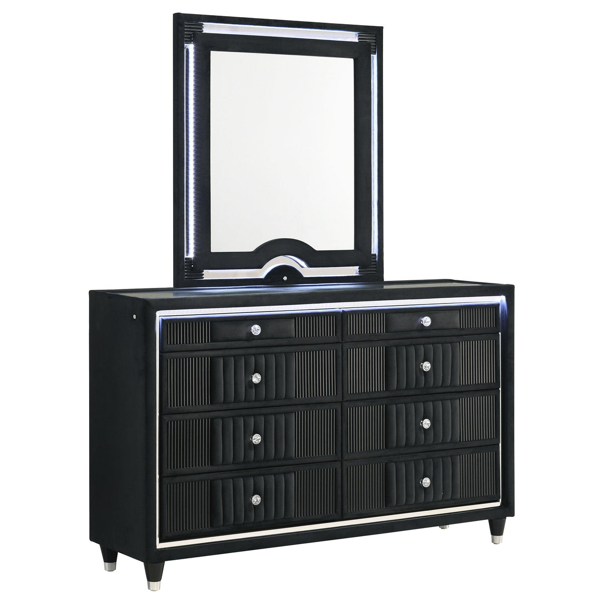 Ravenne Black dresser and mirror set, LED trim lighting, front view