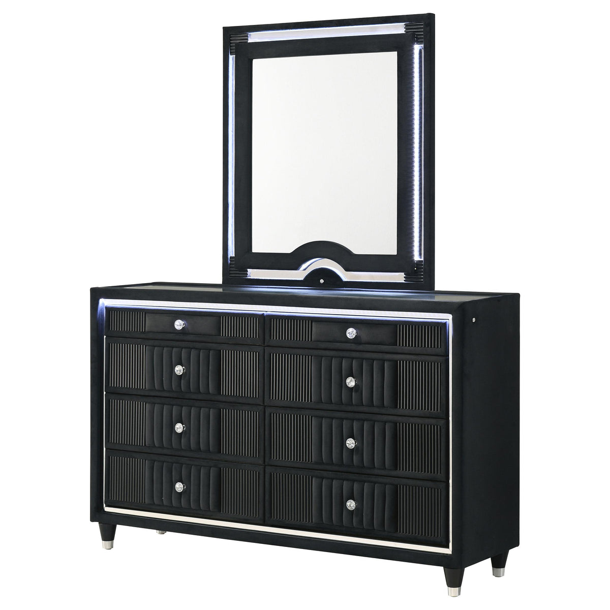 Ravenne Black dresser and mirror set, angled view, LED trim lighting