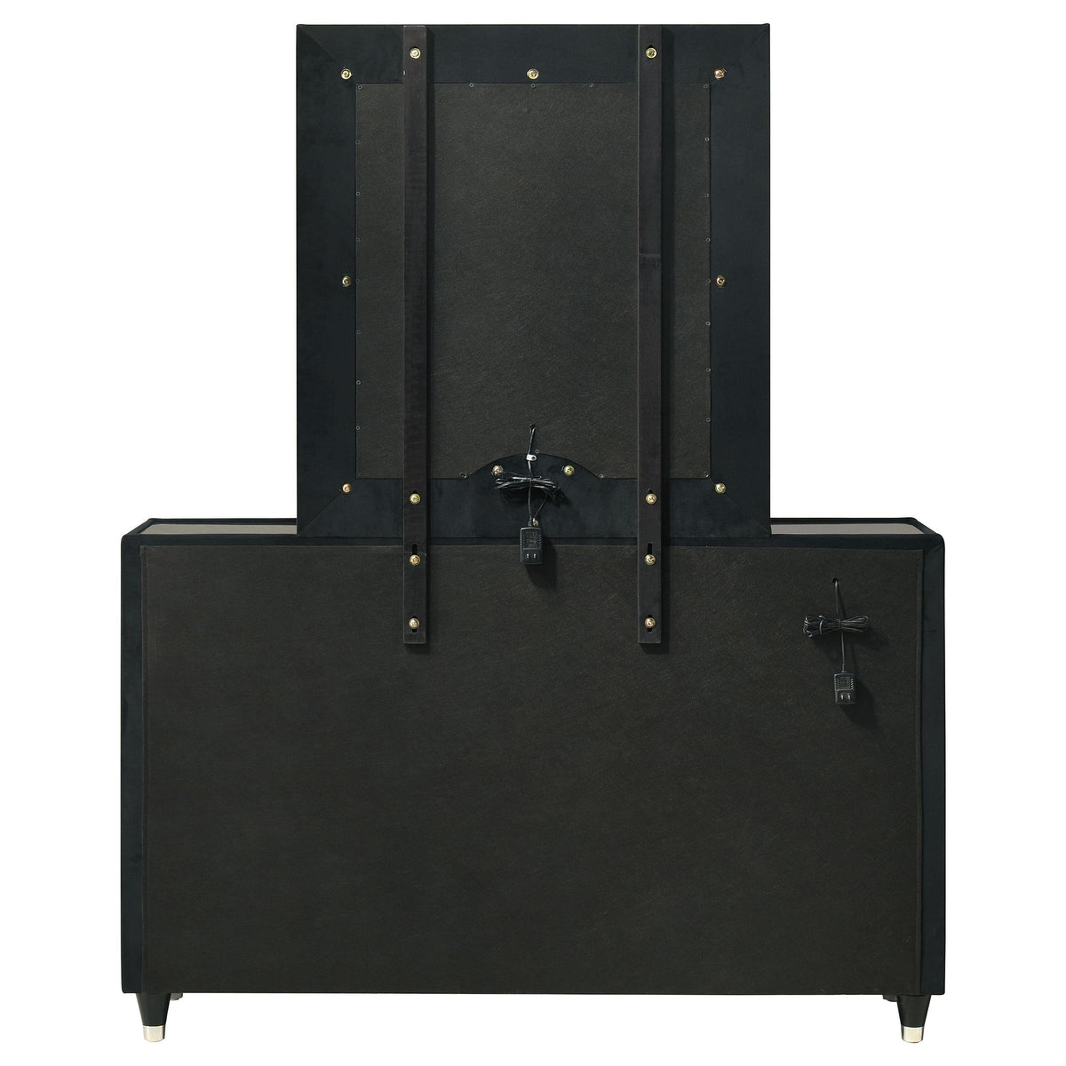 Ravenne Black dresser and mirror set back view, support braces and hardware