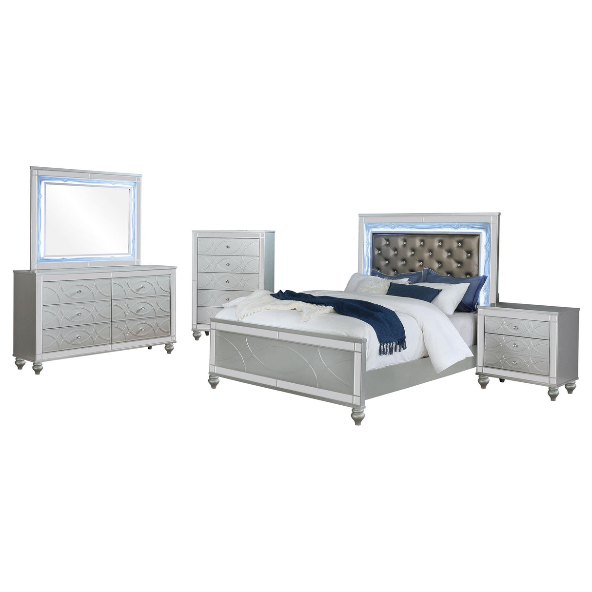Gunnison Silver Metallic 5-Piece Queen Bedroom Set with LED Lighting from Coaster - Luna Furniture