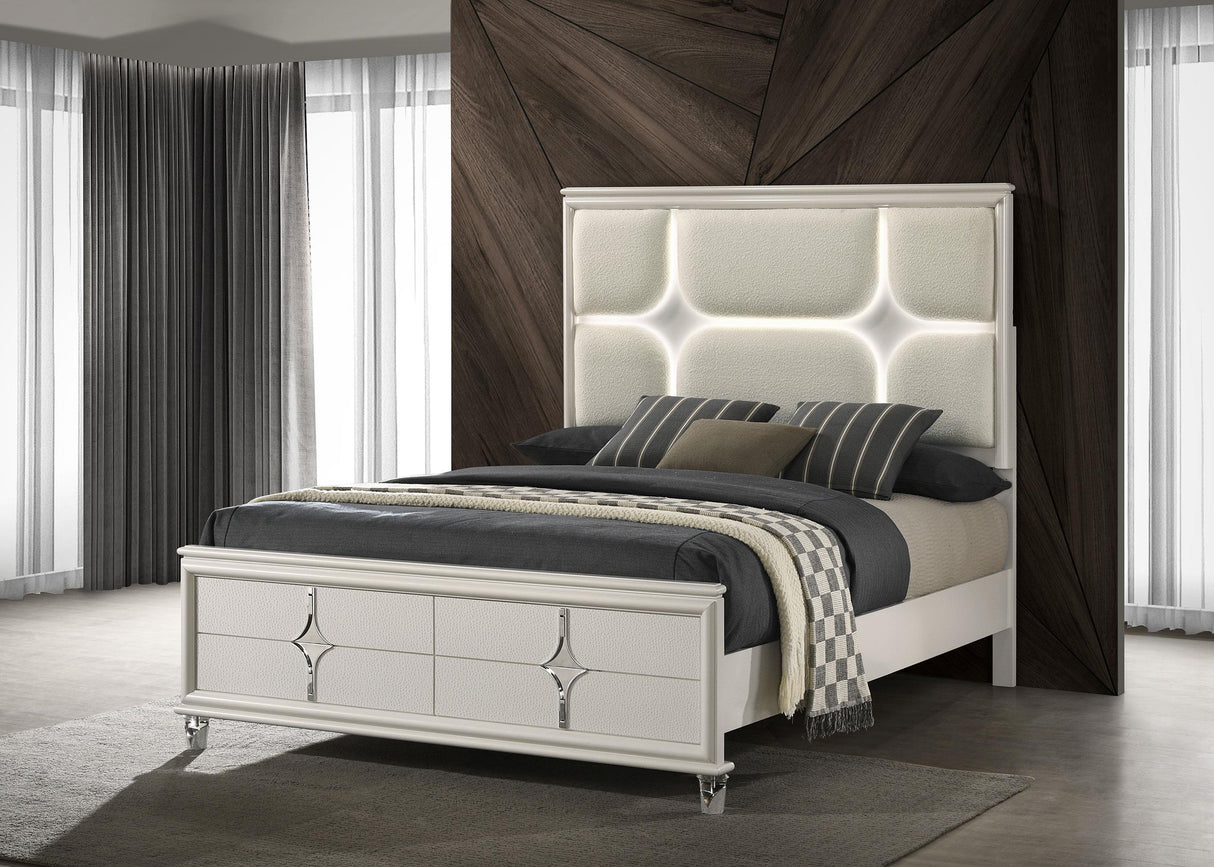 Olivia Pearl White Queen Panel Bed with LED Headboard from Coaster - Luna Furniture
