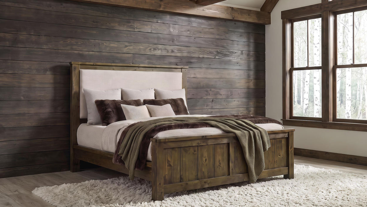Doherty Rustic Brown Linen Upholstered California King Panel Bed from Coaster - Luna Furniture