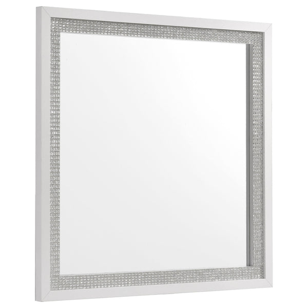 Viana White High Gloss Square Beveled Dresser Mirror with Faceted Trim