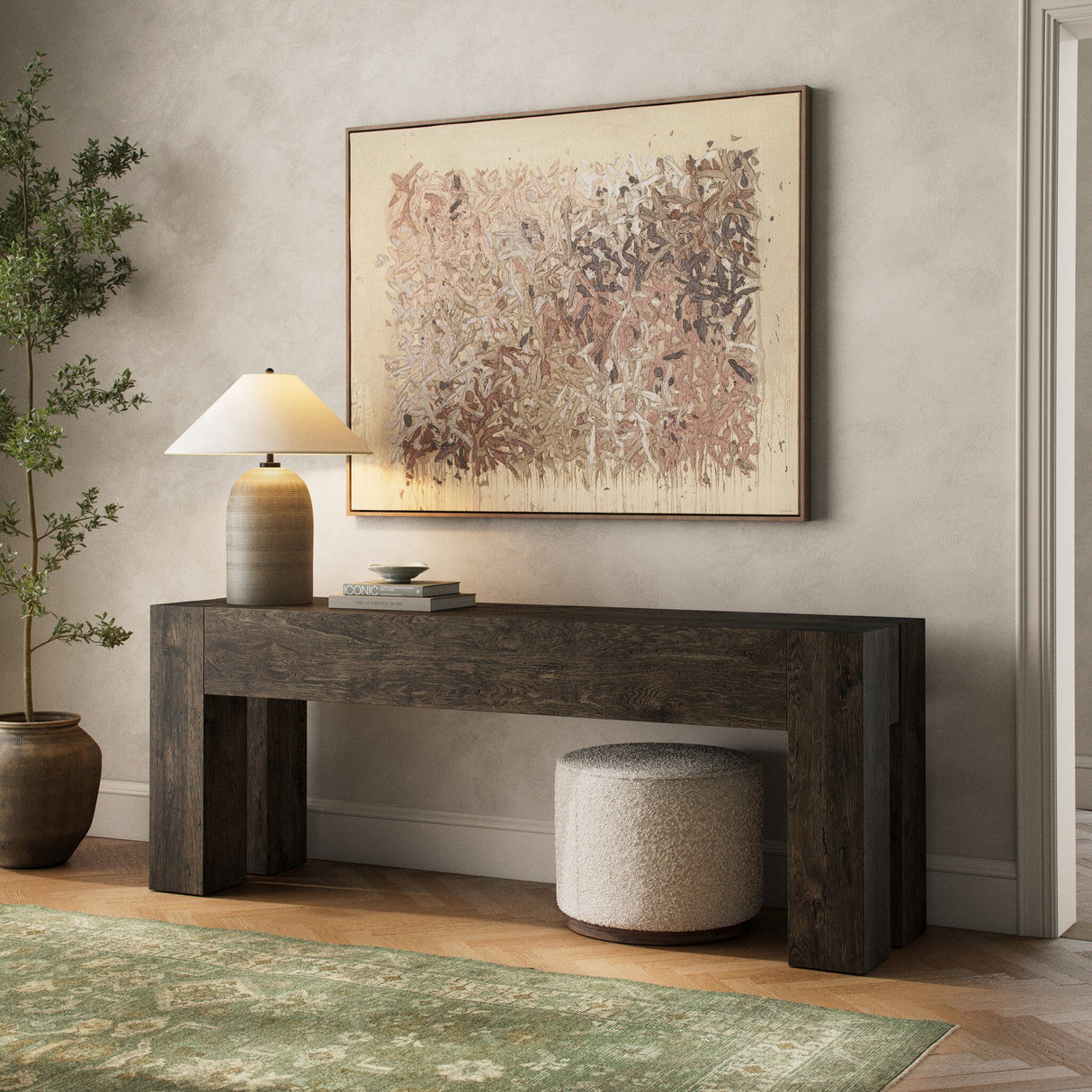 Abaso Console Table in Ebony Rustic Wormwood Oak from Four Hands - Luna Furniture