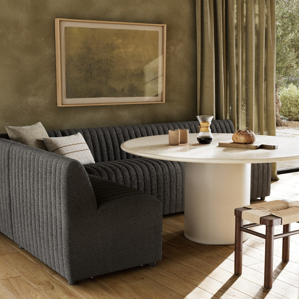 Augustine Dining Banquette, L-Shape in FIQA Boucle Charcoal from Four Hands - Luna Furniture