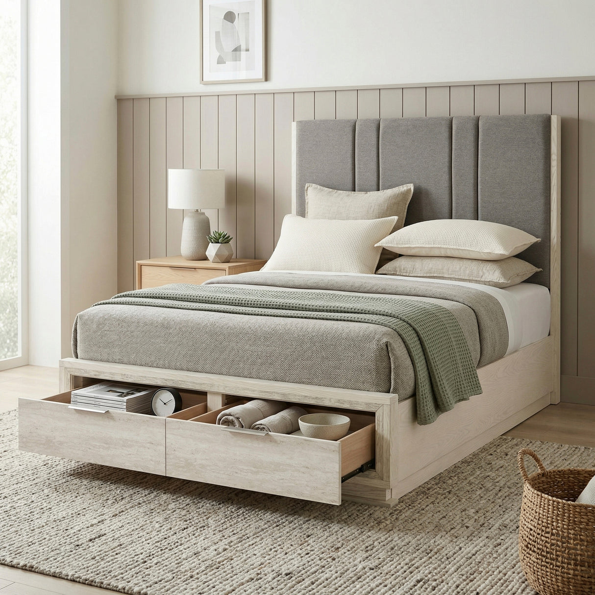 Noctis White/Light Gray Eastern King Platform Bed with Footboard Storage from Homelegance - Luna Furniture