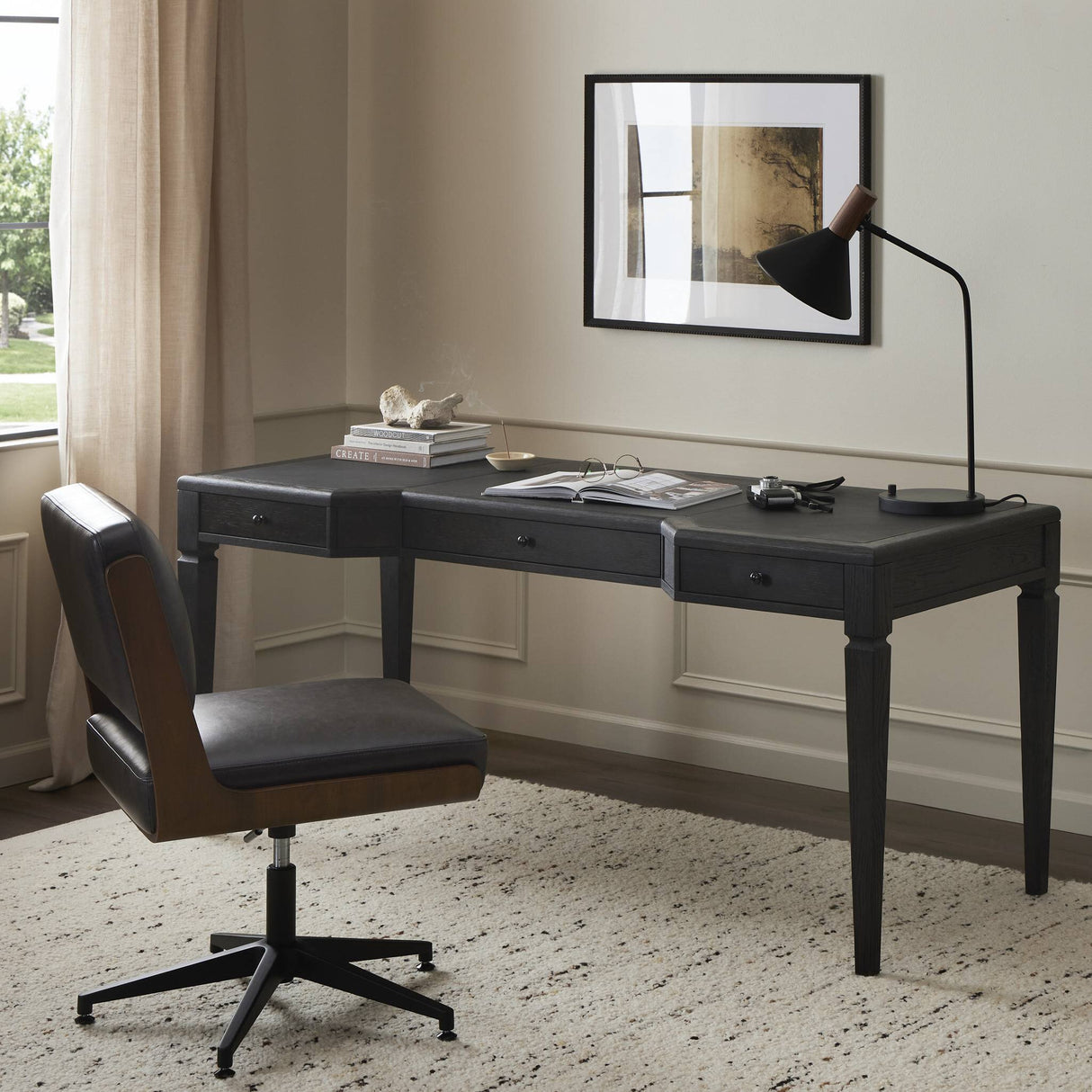 Claude Desk in Distressed Black Oak Veneer from Four Hands - Luna Furniture