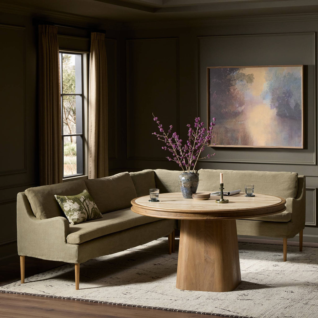 Aurelia Dining Banquette L-Shape in Broadway Olive from Four Hands - Luna Furniture