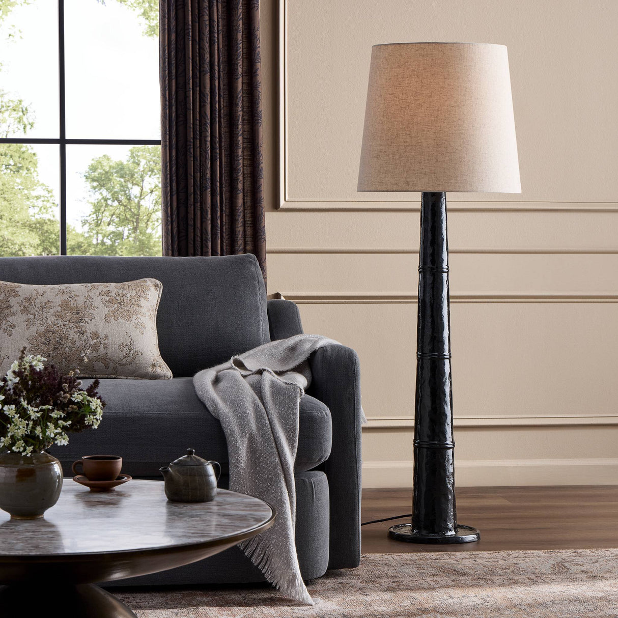 Nerissa Floor Lamp in Glossy Black Cast Aluminum from Four Hands - Luna Furniture