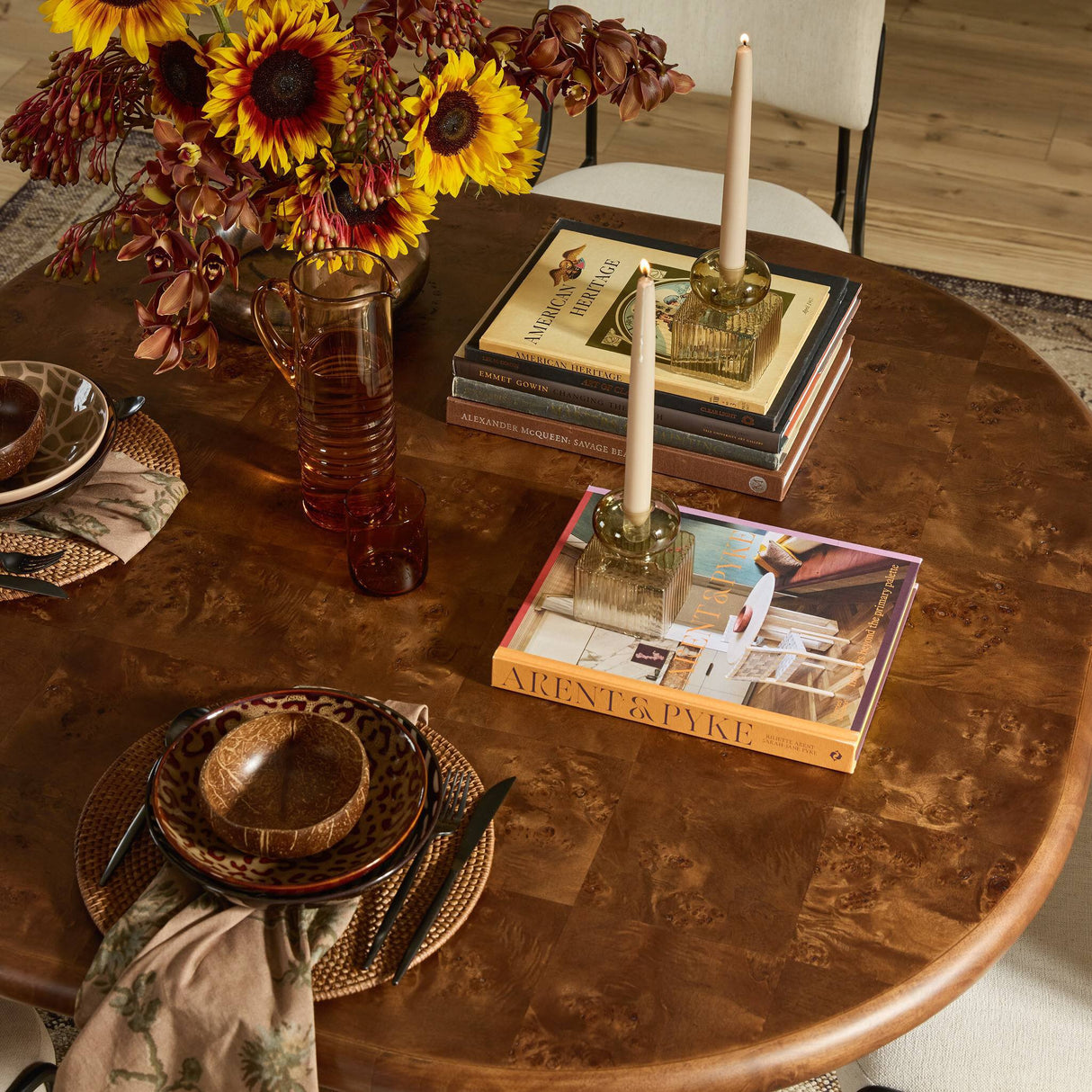 Malko Dining Table in Dark Brown Mappa Burl from Four Hands - Luna Furniture