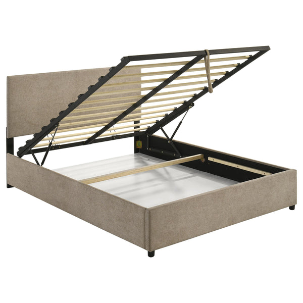 Reeves Tan Upholstered Lift-Top Storage Queen Platform Bed