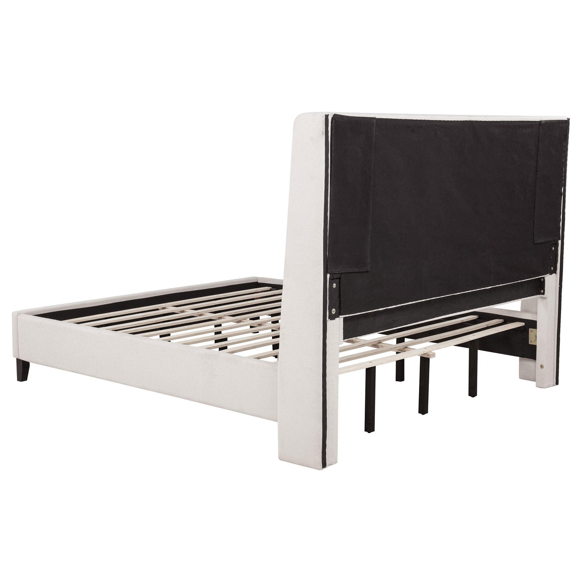 Leslie Beige California King Platform Bed, back view and underside framing, studio shot