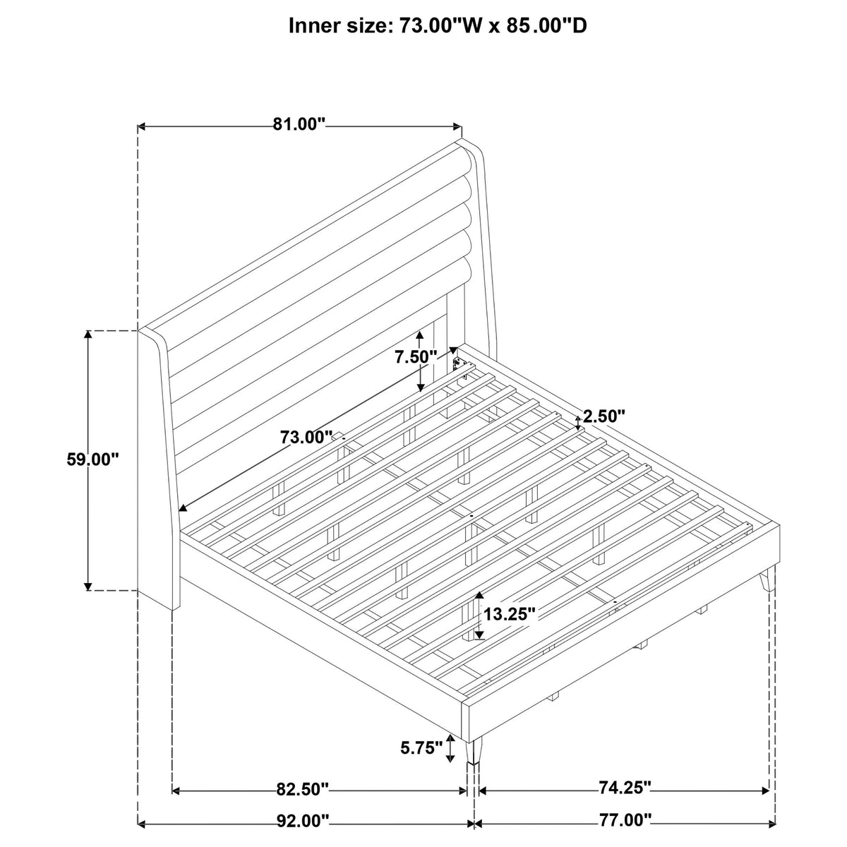 Leslie Beige California King Platform Bed dimensions, line drawing with measurements