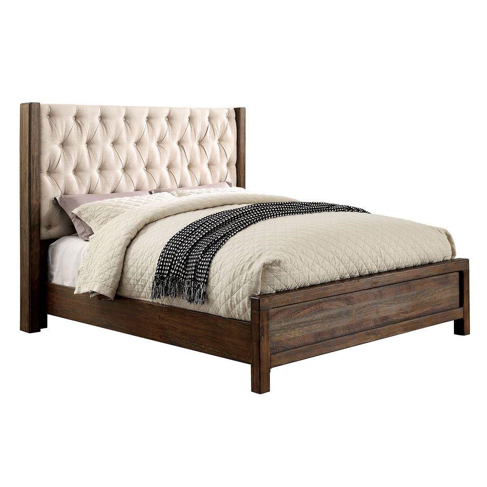 Hutchinson Rustic Natural Tone/Beige Upholstered Tufted Queen Bed from Furniture of America - Luna Furniture