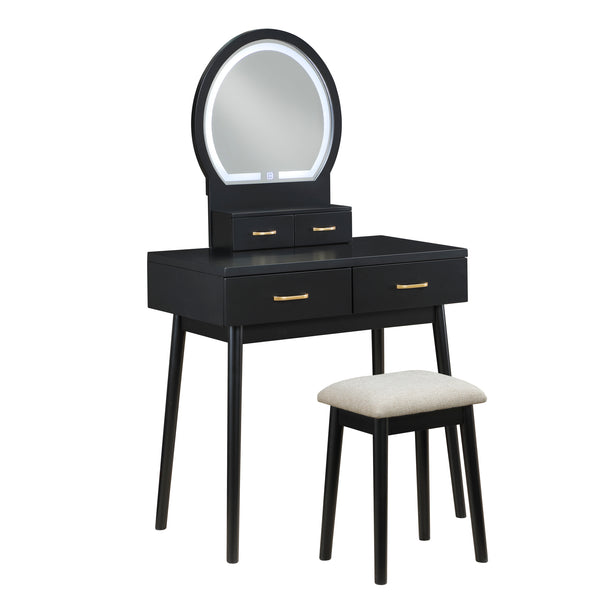 Ornate Black Vanity Dresser with Mirror and Stool