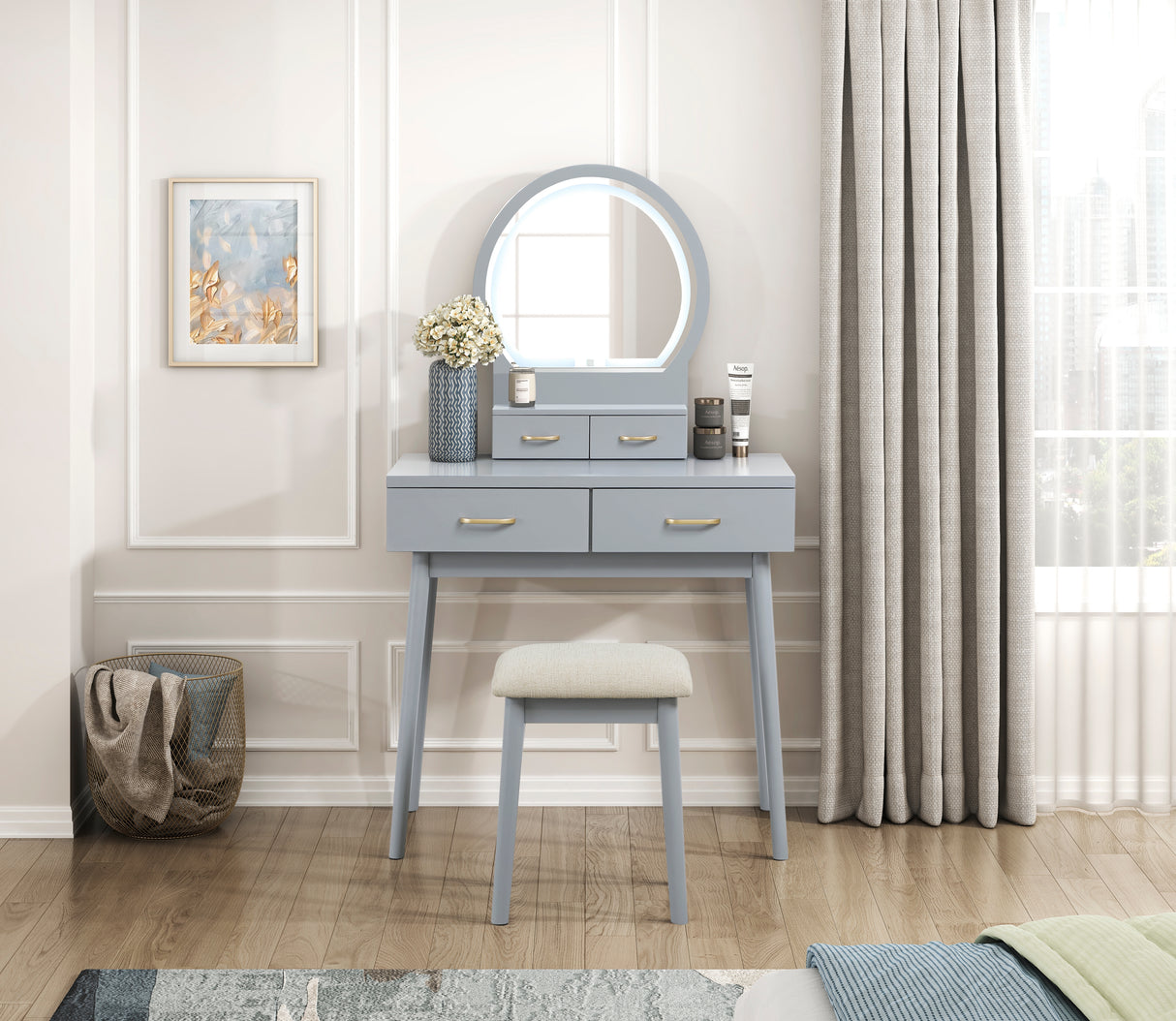 Ornate Gray Vanity Dresser with Mirror and Stool from Homelegance - Luna Furniture