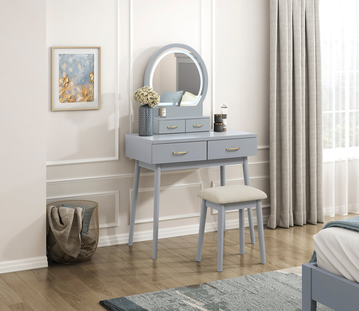 Ornate Gray Vanity Dresser with Mirror and Stool from Homelegance - Luna Furniture