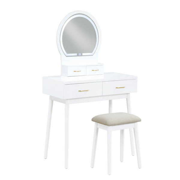 Ornate White Vanity Dresser with Mirror and Stool
