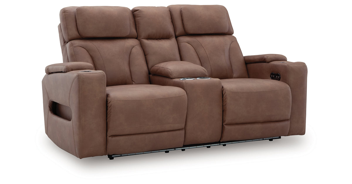 Clean-Slate Caramel Power Reclining Loveseat with Console from Ashley Furniture - Luna Furniture