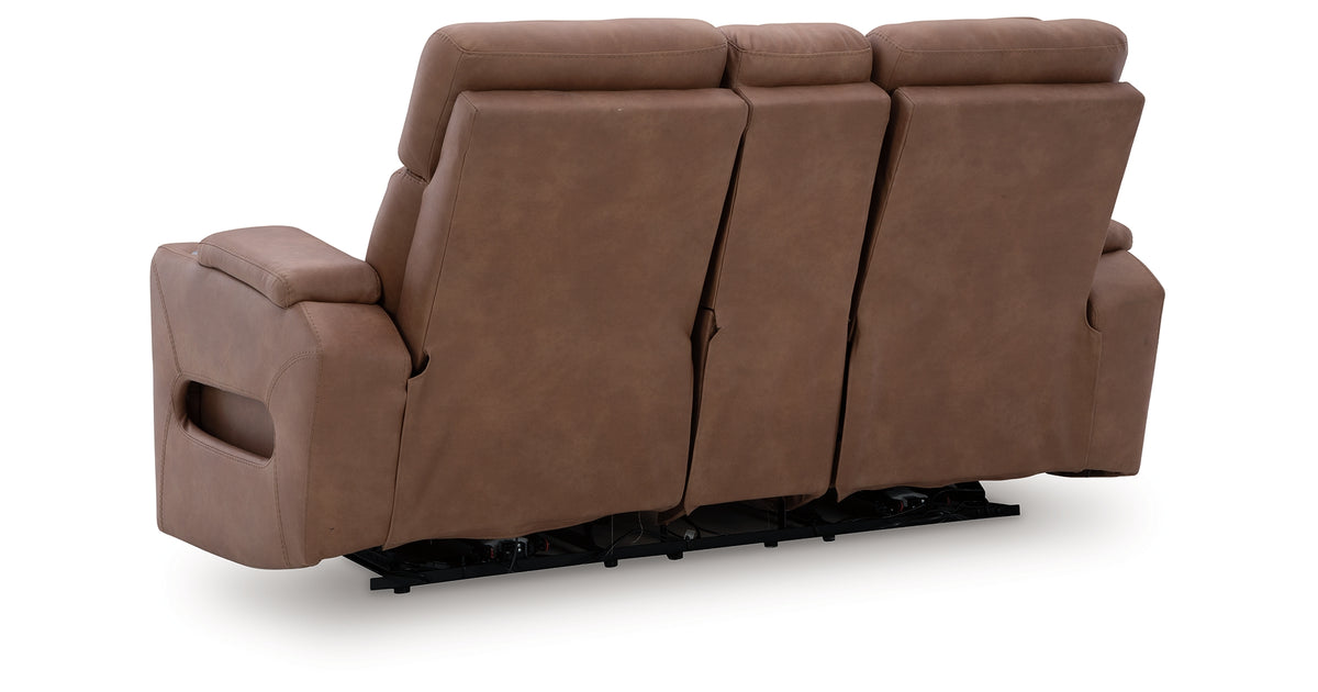 Clean-Slate Caramel Power Reclining Loveseat with Console from Ashley Furniture - Luna Furniture
