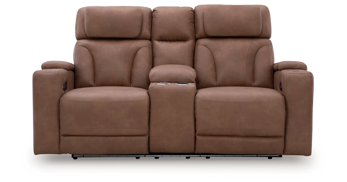 Clean-Slate Caramel Power Reclining Loveseat with Console from Ashley Furniture - Luna Furniture
