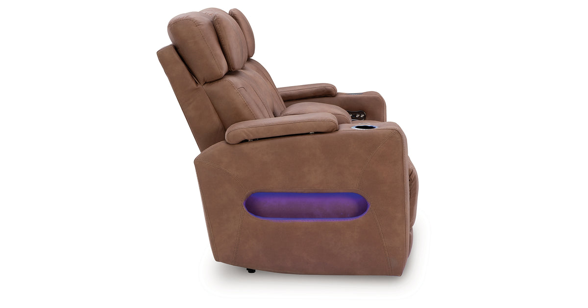 Clean-Slate Caramel Power Reclining Loveseat with Console from Ashley Furniture - Luna Furniture