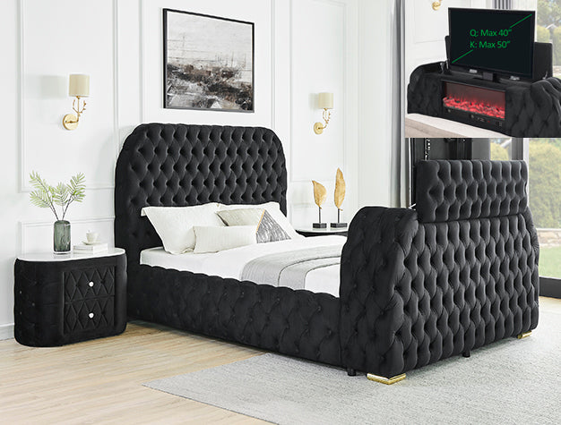 Natalia Black King Upholstered Fireplace Bed with TV Lift – Luna Furniture